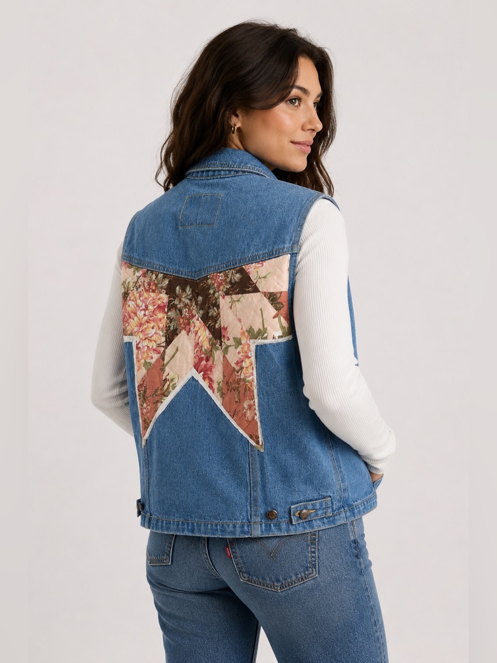 Upcycled Western Quilted Lonestar Patchwork Denim Vest Reworked Countrycore